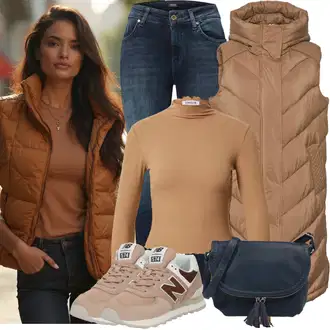 Dlouhé Outfit s Hnědá/Béžová/Khaki Peřová Vest/Puffer Vest/Dlouhá Vest yas "Podzimní Look"