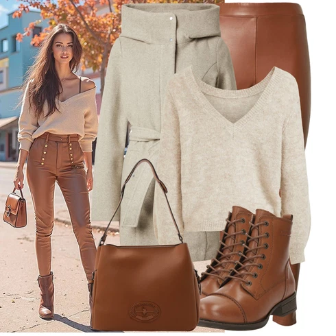 Kombinace Hnědá/Béžová Vinylový Legín/Kožený legíny/Legíny Kožený Vzhled/Kožená Kalhoty/Kalhoty z Umělé Kůže/Latexové legíny MICHAEL Michael Kors