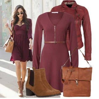 Outfit s Tmavě hnědá/Hnědá/Vínová Chelsea Boty/Kožená bunda/Letní kotníková kozačka/Kotníková Bota s Podšívkou/Vintage Kotníková Bota Tamaris "Módní vzhled na podzim"