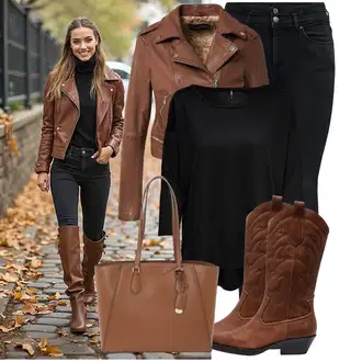 Outfit s Hnědá/Oranžová/Tmavě hnědá Kožené Bund Bunda z Umělé Kůže/Motorkářská bunda/Kožené Bund/Motorkářské Bund/Kožená vintage bunda Oakwood "Outfit na podzim"