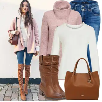 Outfit s Béžová/Hnědá Špičatá Kozačka/Vintage kozačka/Bota se širokým nohavici/Jezdecká Bota/Kovbojská Bota/Klasická kozačka Mustang "Cool podzimní outfit"