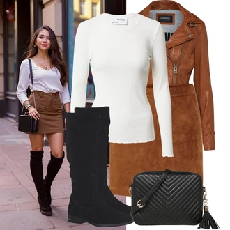 Párty Outfit s Hnědá/Tmavě hnědá Krátká Sukně/Sukně z umělé kůže/Manšestrová Sukně/Kožená MiniSukně/70tá Léta MiniSukně/Kožená Sukně VERO MODA "Podzimní Look"Look: Bar, Karneval, Koncert, Festival, Matriční úřad, Párty