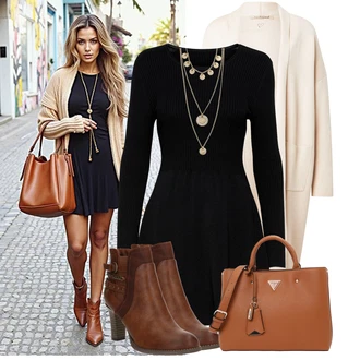 Outfit s Černá Šaty s dlouhým rukávem/Zimní šaty s dlouhým rukávem/Skater šaty/Zimní Pletené Šaty/Pletené Šaty/Svetrové Šaty Only "Podzimní Look"