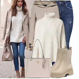 Outfit sa Siva/Bež/Smeđa/Kaki loden kaput/Kaput od Vunenog Flisa/Kaput s Kapuljačom/Vuneni kaput/Pleteni Kaput/Pleteni Flis Kaput Only "Trendovska jesenska odjeća"