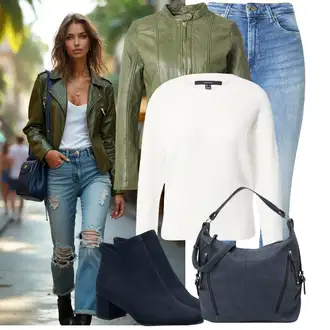Outfit sa SvjetloPlava/Plava Kožna Jakna/Čizma do Gležnja/Traperice s Rupom/Zimska jakna/Slip-on Traperice/Kožne Cipele/High Waist Traperice/Muška Kožna Jakna/Push-up Traperice/Traperice s Prorezom VERO MODA "Trendovska jesenska odjeća"