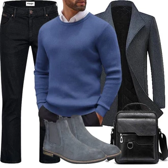 Wolle-seide Warme Outfit mit Dunkelblau/Grau Tweed Mantel/Gehröck/Wollfleece Mantel/Schmal Geschnittener Mantel/Kaschmir Mantel/Blazermantel/Wintermantel Wollmantel KUDORO "Herbst Outfits"