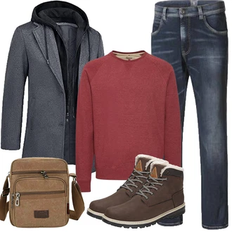 Zweiteilige Outfit mit Grau/Dunkelgrau/Dunkelblau Langer Wintermantel KTWOLEN "Herbst Outfits"