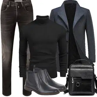 Warme Outfit mit Dunkelblau/Grau Tweed Mantel/Gehröck/Wollfleece Mantel/Schmal Geschnittener Mantel/Kaschmir Mantel/Blazermantel/Wintermantel Wollmantel KUDORO "Herbst Outfits"
