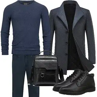 Wolle-seide Warme Outfit mit Dunkelblau/Grau Tweed Mantel/Gehröck/Wollfleece Mantel/Schmal Geschnittener Mantel/Kaschmir Mantel/Blazermantel/Wintermantel Wollmantel KUDORO "Herbst Outfits"