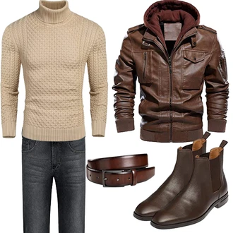 Motorrad Outfit mit Dunkelbraun/Khaki/Braun Bikerjacke/Vintage Lederjacke/Herbstjacke/Jacke mit Seitlichem Reißverschluss/Kapuzenjacke/Kunstlederjacke/Leder Bomberjacke/Lederjacke CARWORNIC "Herbst Outfits"Look: Wandern, Motorrad, Arbeits, Trekking, Reiten