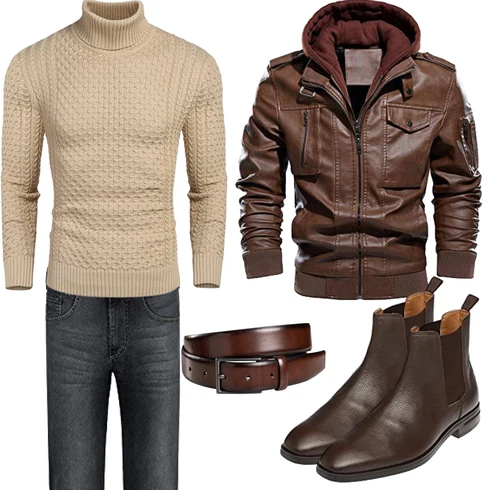 DunkelBraun/Khaki/Braun Bikerjacke/Vintage Lederjacke/Übergangsjacke Herbstjacke/Jacke mit Seitlichem Reißverschluss/Kapuzenjacke/Kunstlederjacke/Leder Bomberjacke/Lederjacke CARWORNIC kombinieren