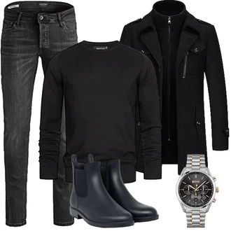 Outfit mit Schwarz Duffle Mantel/Scuba-Mantel/Kaschmir Mantel/Mantel mit Reißverschluss/Wollfleece Mantel/Wintermantel Wollmantel KUDORO "Herbst Outfits"
