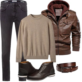 Motorrad Outfit mit Dunkelbraun/Khaki/Braun Bikerjacke/Vintage Lederjacke/Herbstjacke/Jacke mit Seitlichem Reißverschluss/Kapuzenjacke/Kunstlederjacke/Leder Bomberjacke/Lederjacke CARWORNIC "Herbst Outfits"Look: Wandern, Motorrad, Arbeits, Trekking, Reiten