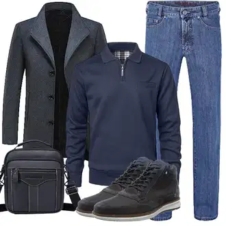 Wolle-seide Outfit mit Dunkelblau/Grau Tweed Mantel/Gehröck/Wollfleece Mantel/Schmal Geschnittener Mantel/Kaschmir Mantel/Blazermantel/Wintermantel Wollmantel KUDORO "Herbst Outfits"