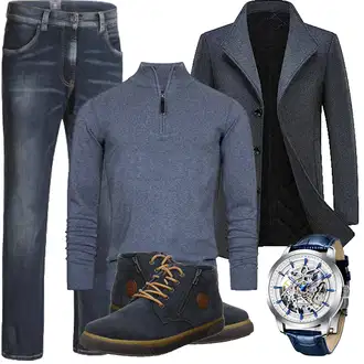 Warme Outfit mit Dunkelblau/Grau Tweed Mantel/Gehröck/Wollfleece Mantel/Schmal Geschnittener Mantel/Kaschmir Mantel/Blazermantel/Wintermantel Wollmantel KUDORO "Herbst Outfits"