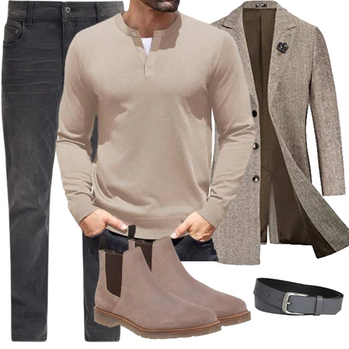 Grau/Beige/Braun Langer WinterMantel PaulJones kombinieren