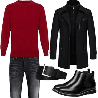 Outfit mit Schwarz Duffle Mantel/Scuba-Mantel/Kaschmir Mantel/Mantel mit Reißverschluss/Wollfleece Mantel/Wintermantel Wollmantel KUDORO "Herbst Outfits"