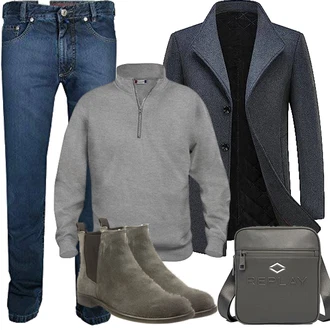 Warme Outfit mit Dunkelblau/Grau Tweed Mantel/Gehröck/Wollfleece Mantel/Schmal Geschnittener Mantel/Kaschmir Mantel/Blazermantel/Wintermantel Wollmantel KUDORO "Herbst Outfits"