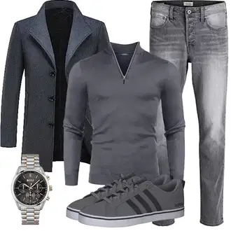 Wolle-seide Outfit mit Dunkelblau/Grau Tweed Mantel/Gehröck/Wollfleece Mantel/Schmal Geschnittener Mantel/Kaschmir Mantel/Blazermantel/Wintermantel Wollmantel KUDORO "Herbst Outfits"