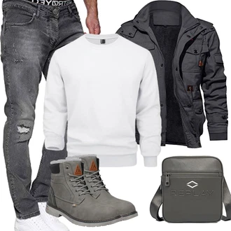 Outfit mit Grau/Hellgrau/Dunkelgrün/Dunkelgrau/Khaki Wasserfester Schuh/Wattierte Stiefel/Winter Stiefel/Herren Lederschuhe/Gefütterte Stiefelette/Klassischer Stiefel/Wasserdichter Stiefel/Winter Sneaker/Winter Stiefelette Mishansha "Herbst Outfits"