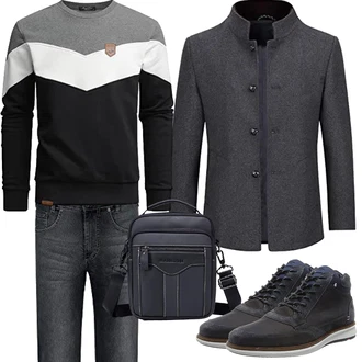 Stil Outfits Skater mit Schwarz/Dunkelgrau/Silber/Grau Pullover mit Stehkragen/Sport Sweatshirt Amaci&Sons "Herbst Outfits"Look: Skater, Hip Hop, Coole, Uni, Lagenlook, Rap, College