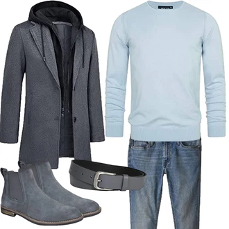 Zweiteilige Outfit mit Grau/Dunkelgrau/Dunkelblau Langer Wintermantel KTWOLEN "Herbst Outfits"
