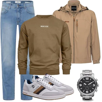 Rundhals Outfit mit Khaki/Beige/Braun Pullover mit Stehkragen/Women's Fleece Sweatshirts/Sport Sweatshirt/Damen Pullover Indicode "Herbst Outfits"