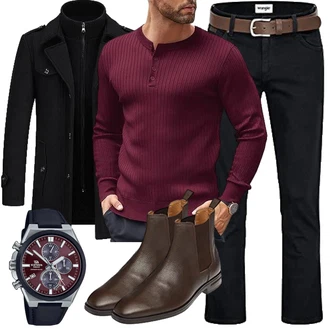 Outfit mit Schwarz Duffle Mantel/Scuba-Mantel/Kaschmir Mantel/Mantel mit Reißverschluss/Wollfleece Mantel/Wintermantel Wollmantel KUDORO "Herbst Outfits"