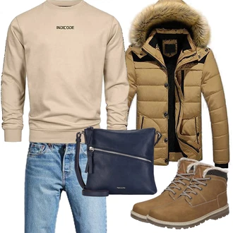 Rundhals Outfit mit Beige/Khaki Pullover mit Stehkragen/Women's Fleece Sweatshirts/Damen Pullover/Sport Sweatshirt Indicode "Herbst Outfits"