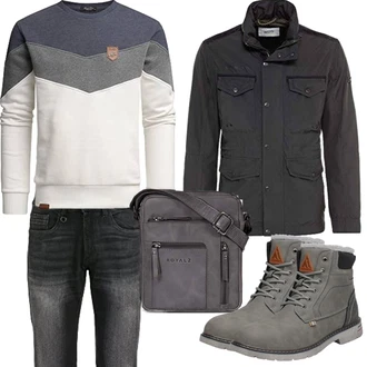 Outfit mit Grau/Creme/HellGrau/Dunkelblau Damen Pullover/Women's Fleece Sweatshirts/Pullover mit Stehkragen/Sport Sweatshirt Amaci&Sons "Herbst Outfits"