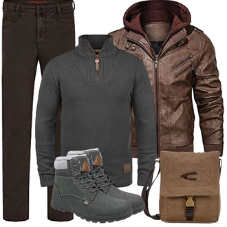 Regen Outfit mit Dunkelbraun/Braun/Khaki Bikerjacke/Herbstjacke/Leder Bomberjacke/Vintage Lederjacke/Jacke mit Seitlichem Reißverschluss/Motorradjacke/Kapuzenjacke/KunstLederjacke/Lederjacke HOOD CREW "Herbst Outfits"