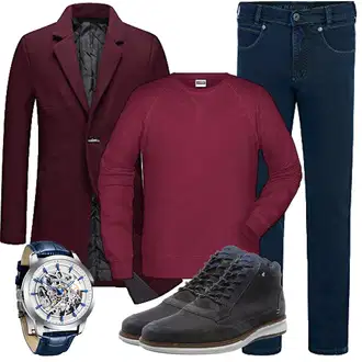 Outfit mit Dunkelrot/Lila/Rot/Rosa/Bordeaux Wollfleece Mantel/Kaschmir Mantel/Schmal Geschnittener Mantel/Gehröck/Wollmantel/Blazermantel YOUTHUP "Herbst Outfits"