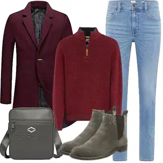Outfit mit Dunkelrot/Lila/Rot/Rosa/Bordeaux Wollfleece Mantel/Kaschmir Mantel/Schmal Geschnittener Mantel/Gehröck/Wollmantel/Blazermantel YOUTHUP "Herbst Outfits"