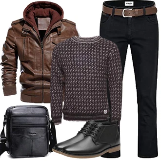 Motorrad Outfit mit Dunkelbraun/Khaki/Braun Bikerjacke/Vintage Lederjacke/Herbstjacke/Jacke mit Seitlichem Reißverschluss/Kapuzenjacke/Kunstlederjacke/Leder Bomberjacke/Lederjacke CARWORNIC "Herbst Outfits"Look: Wandern, Motorrad, Arbeits, Trekking, Reiten