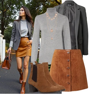 Outfit s Tmavě hnědá/Hnědá/Vínová Chelsea Boty/Kožená bunda/Letní kotníková kozačka/Kotníková Bota s Podšívkou/Vintage Kotníková Bota Tamaris "Podzimní Look"