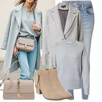 Outfit s Šedá/Světle šedá Kabát s Úzkým Střihem/Kašmírový Kabát/Pletený Kabát/Midi Kabát/Zimní Kabát Vlněný kabát/Blazerový Kabát/Vlněný Fleecový Kabát/Lehký Kabát/Pletený Fleecový Kabát Only "Módní vzhled na podzim"