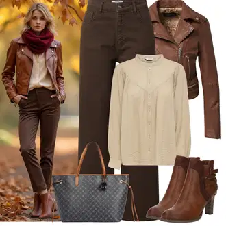 Outfit s Hnědá/Oranžová/Tmavě hnědá Kožené Bund Bunda z Umělé Kůže/Motorkářská bunda/Kožené Bund/Motorkářské Bund/Kožená vintage bunda Oakwood "Podzimní Look"