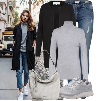 Outfit s Černá/Šedá/Tmavě šedá Dlouhé Kardigany/Kašmírový kardigán/Bavlněný svetr/Svetr s podšívkou/Kardigán se stojatým límečkem/Kardigán s kulatým výstřihem Vila "Módní vzhled na podzim"