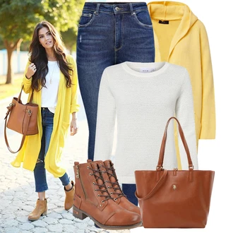 Outfit s Žlutá Pletený Oděv Zimní svetr/Svetr s podšívkou/Kašmírový kardigán/Svetr kroj/Vlněný kardigán/Župan/Dlouhé Kardigany Zwillingsherz "Módní vzhled na podzim"