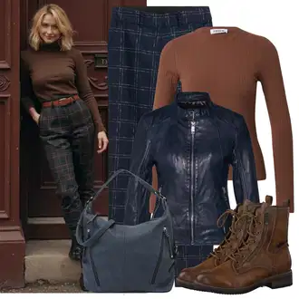 Outfit s Modrá/Tmavě Modrá Bunda s Bočním Zipem/Kožené Bund/Bunda z Umělé Kůže/Kožená vintage bunda/Motorkářské Bund Maze "Podzimní vzhled"