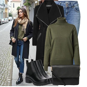 Prevelik, Vintage Outfit sa Crna Chelsea Gležnjača/Kožna Jakna/Gumena Gležnjača/Ravna Gležnjača About You "Jesenski outfiti"Look: Chic, Prevelik, Šik, Unisex, cool, Mokri izgled, Techno