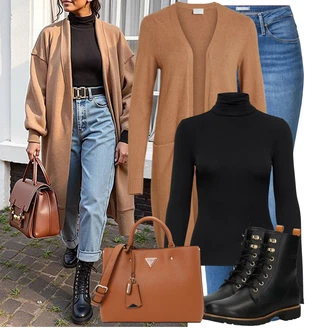 Outfit s Černá Kozačka Šněrovací Kotníková Bota/Bojová Bota/Motorkářská bota/Plochá Kotníková Bota/Kotníková Bota s Podšívkou/Kožená bunda/Kožená kotníková bota/Klasická Kozačka Panama Jack "Módní vzhled na podzim"