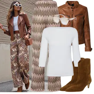 Outfit s Oranžová/Hnědá Motorkářská bunda/Kožené Bund/Kožená Bomber Bund/Bunda z Umělé Kůže/Motorkářské Bund/Kožená vintage bunda Maze "Podzimní Look"