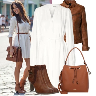 Outfit s Oranžová/Hnědá Motorkářská bunda/Kožené Bund/Kožená Bomber Bund/Bunda z Umělé Kůže/Motorkářské Bund/Kožená vintage bunda Maze "Módní vzhled na podzim"