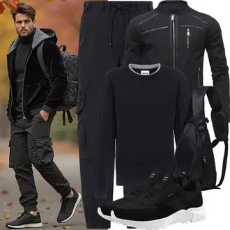 Outfit mit Schwarz/Dunkelgrau Turnschuh ohne Schnürsenkel/Leder Sneaker/Sneaker Low/Winter Sneaker/Klassische Pantolette The North Face "Herbstliches Freizeit Outfit"