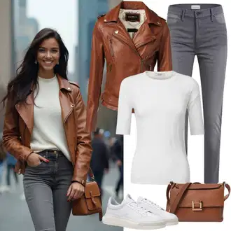 Outfit sa Siva/Svjetlosiva/Zeleno Paperbag Hlača/Muška Kožna Jakna/Jogger Hlača/Samt Hlače/Boyfriend Hlače/Hlače od Flisa/Lanene Hlače Trendyol "Jesenska ležerna odjeća"