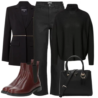 Gotika outfit mit Bež/Črna/Temno rdeča/Bela Torba za čez ramo/Poslovna torba/Vrečka za prenašanje/Mini torbica/Pisarniška torba/Satchel torba Guess "Jesenska obleka za prosti"Look: Poslovna, Plemenita, Kul, Eleganten, Ekstravaganten, Gotika, Pisarna, Stari denar