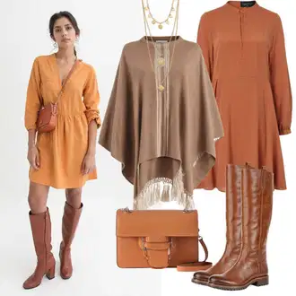 Dresses outfits Plemenita Zima mit Rjava/Oranžna/Rdeča Srajčna Obleka/Zimska obleka z dolgimi rokavi/Jesenska Obleka/Obleka z Žepom/Obleka s 3/4 rokavom stylove "Jesenska obleka za zabavo"Look: Kolo, Priložnostne, Eleganten, Plemenita, Cowgirl, Overdressed, Pametno priložnostno, Delovna oblačila, Ekstravaganten
