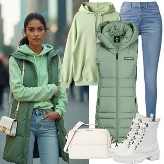 Outfit sa Svjetlozelena/Zeleno Majica od flisa/Kožna jakna/Sportska majica/Vintage majica s kapuljačom/Pletena dukserica Zwillingsherz "Jesenski Izgled"