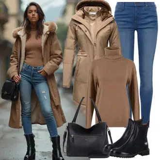 Chic kombinacije Veći brojevi sa Smeđa/Narandžasta Sweater majica/Parka velike veličine MARIKOO "Jesenski izgled"